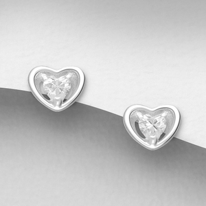 Signature Silver April Diamond CZ Heart Stud Earrings