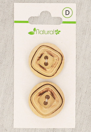 Carte de 2 boutons en bois naturel 23 mm 2 trous - Carrés