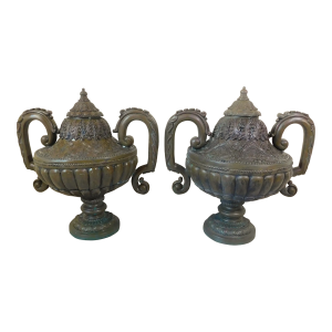Pair Antique Bronze Urn Garden Statues