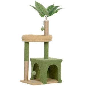 PawHut Árbol para gatos torre de juegos para gatos con casita cama rascadores bolas y hojas artificiales 44x30x98 cm Verde