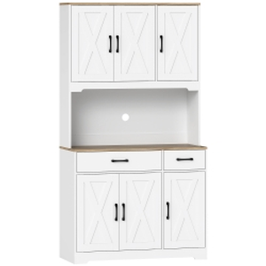 HOMCOM Alacena de Cocina con 6 Puertas Encimera para Microondas 2 Cajones Estantes Ajustables Orificio para Cable Blanco