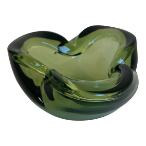 1960s Murano Style Peridot Green Glass Ashtray Catchall Art Glass Bowl