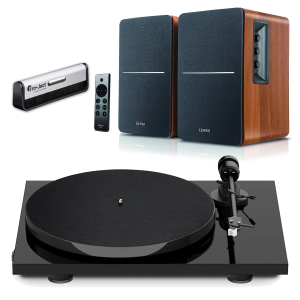 Pro-Ject E1 Phono Black Turntable + Edifier R1280DBs Brown Bluetooth Speaker Package