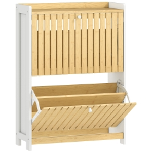 HOMCOM Zapatero Estrecho con 2 Puertas de Bambú con Listones Estantes Ajustables para 12 Pares de Zapatos Blanco y Natural