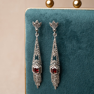 Signature Silver Marcasite & Garnet CZ Long Drop Earrings