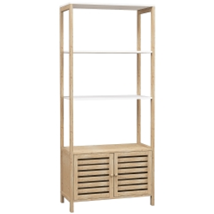 HOMCOM Estantería de Baño de Bambú con 3 Estantes Abiertos Puertas de Lamas 63x30x138 cm Natural y Blanco