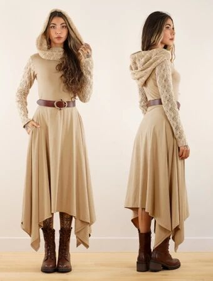 'Robe longue à gros col et capuche "Atwëen", Beige'