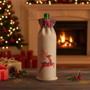 Stag & Tartan Natural Hessian Christmas Bottle Gift Bag 37cm