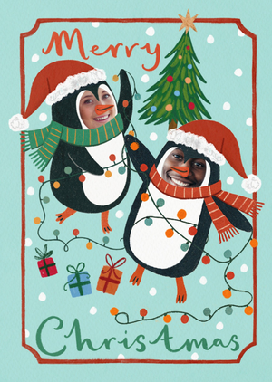Cute Penguin Couple Photo Upload Merry Christmas Card