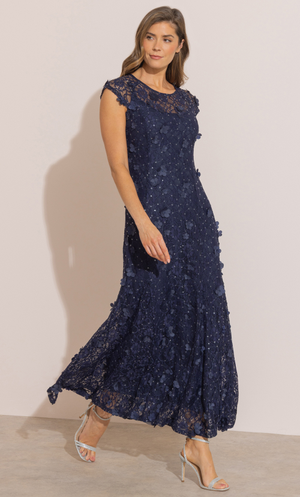 Embellished Floral Lace Maxi Dress - Midnight