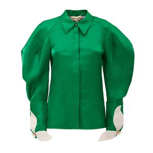 Romantic Silk Organza Blouse With Balloon Sleeves – Green (S)