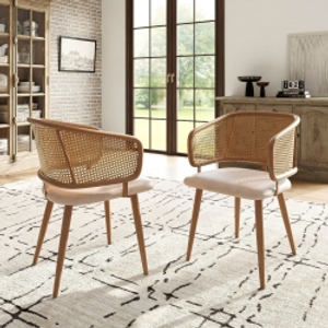 Set of 2 Modern Dining Chairs with Rattan Backrest, PU Leather Seat, Ergonomic Armchair with Wood Grain Iron Legs, 51L x 54W x 79H cm, Beige