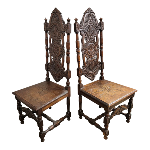 19th C English Jacobean English Carved Oak Hall Chairs - a Pair
