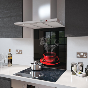 Glass Splashback With Fixing Holes in Red Coffee Cup - 80cm Wide x 90cm High