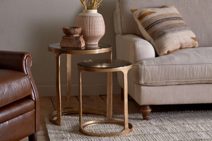 Nkuku Khidki Cast Metal & Glass Nesting Side Tables Antique Brass