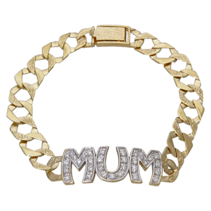 Pre-Owned 9ct Gold Cubic Zirconia Mum 7.5" Curb Link Bracelet