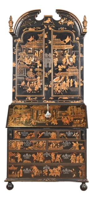 Baker Furniture Style Georgian Chinoiserie Black Lacquered Hand-Painted Drop Front Secretary Desk