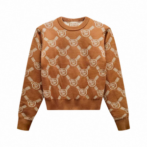 Graffiti Teddy Bear Cafe Cream Reversible Jacquard Knit Sweater (S)