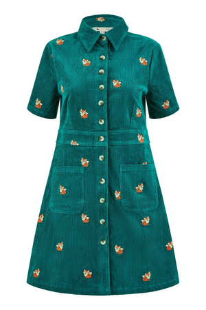 Yumi Teal Cord Shirt Dress With All Over Fox Embroidery (L)