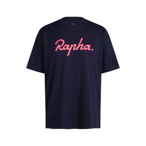 Mens Cotton T Shirt Large Logo in Dark Navy High Vis Pink Large