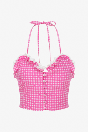 Sweetheart Gingham Pink Bustier With Lace Trim - Pink (M)