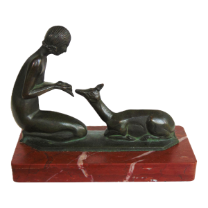 Antique Art Deco Bronze Sculpture "Woman Feeding Deer" on Red Marble Base 6.5"l X 5.5"h
