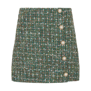 Pearl-Button Metallic Thread Bouclé Tweed Mini Skirt In Emerald Green (S)