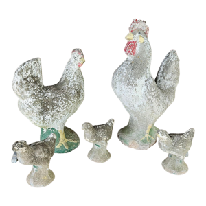 Mid 20th Century Concrete Rooster, Hen and Chicks Garden Ornaments - 5 Pieces