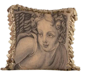 Vintage Wool Tapestry Pillow Featuring a Left Facing Cherub in Charcoal Colors With Tassel Fringe