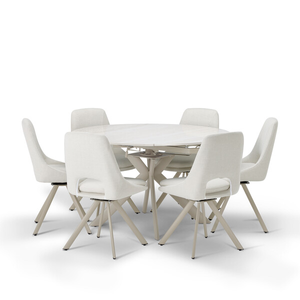 Lucia Ceramic Round Dining Table with 6 Nico Swivel Dining Chairs in Cream with Cappuccino Metal Legs