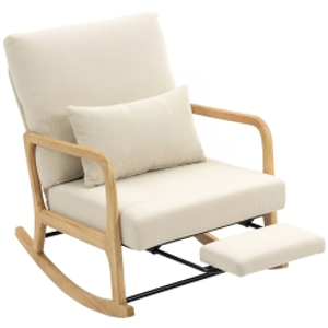 HOMCOM Silla Mecedora Nórdica con Reposapiés Respaldo Ajustable Mecedora de Pana Patas de Madera y Reposabrazos Cojín Crema
