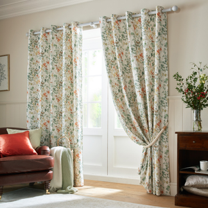 Old Castle Leaves Fern Green Lined Eyelet Curtains