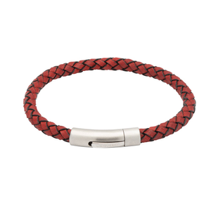 Antique Red Leather Bracelet with Matte Steel Clasp
