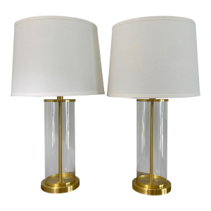 Ralph Lauren Glass and Brushed Gold Metal Cylinder Lamps With White Liven Shades, a Pair