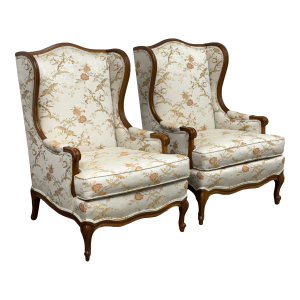 Vintage White Floral Sateen + Walnut Wingback Chairs, Pair