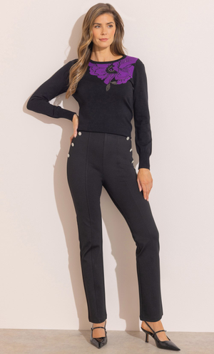 Detailed Straight Leg Pull On Trousers - Black