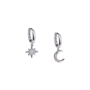 Moon And Star Huggie Hoop Earrings With Drop Charms, White Rhodium Plated (one size)
