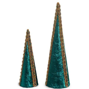 Raz - All Of The Trimmings Green Velvet Jewelled Cone Tree Set 2pce