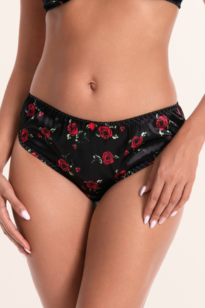 Silky Satin Briefs - Black Red Roses