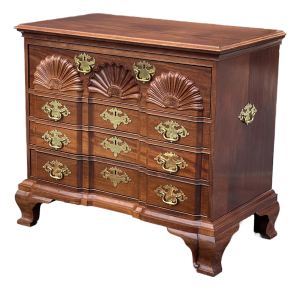 Bespoke Block and Shell Carved Mahogany Chest After Townsend & Goddard