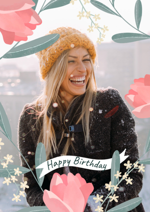 Pink Floral Frame Photo Upload Birthday Card