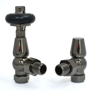 Traditional Style Thermostatic TRV &amp; Lockshield Angled Radiator Valves - Black Nickel