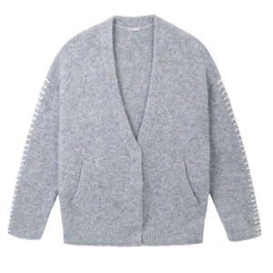 Soft Grey Marl Alpaca Blend Cardigan With Ivory Stitch Detail (M)