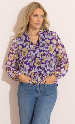 Printed Smocked Hem Top - Purple/Yellow