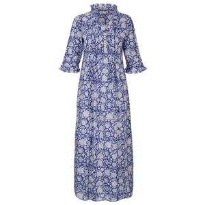 Cotton Annabel Maxi Dress In Blue With  White Flower (M)