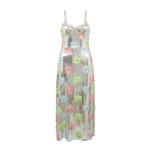 Metallic Flower Embellished Sequin Dress In Silver (XXS)