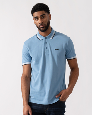 BOSS Green Mens Paddy Cotton-Piqué Polo Shirt with Contrast Logo - Open Blue 469