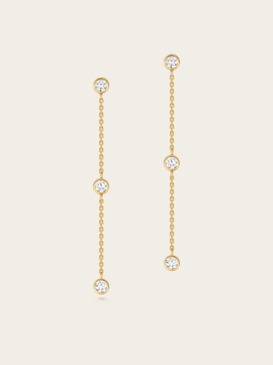 3 Stone Bezel Station Lab Diamond 18K Yellow Gold Drop Earrings