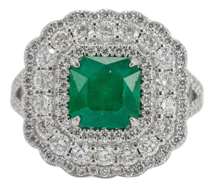 Ladies 18k White Gold Emerald Triple Halo Accented Diamond Cocktail Ring, Size 6.5