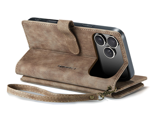 CaseMe Synthetic Leather Wallet Case with Zipper Pocket for iPhone 17 Pro - Dessert Taupe